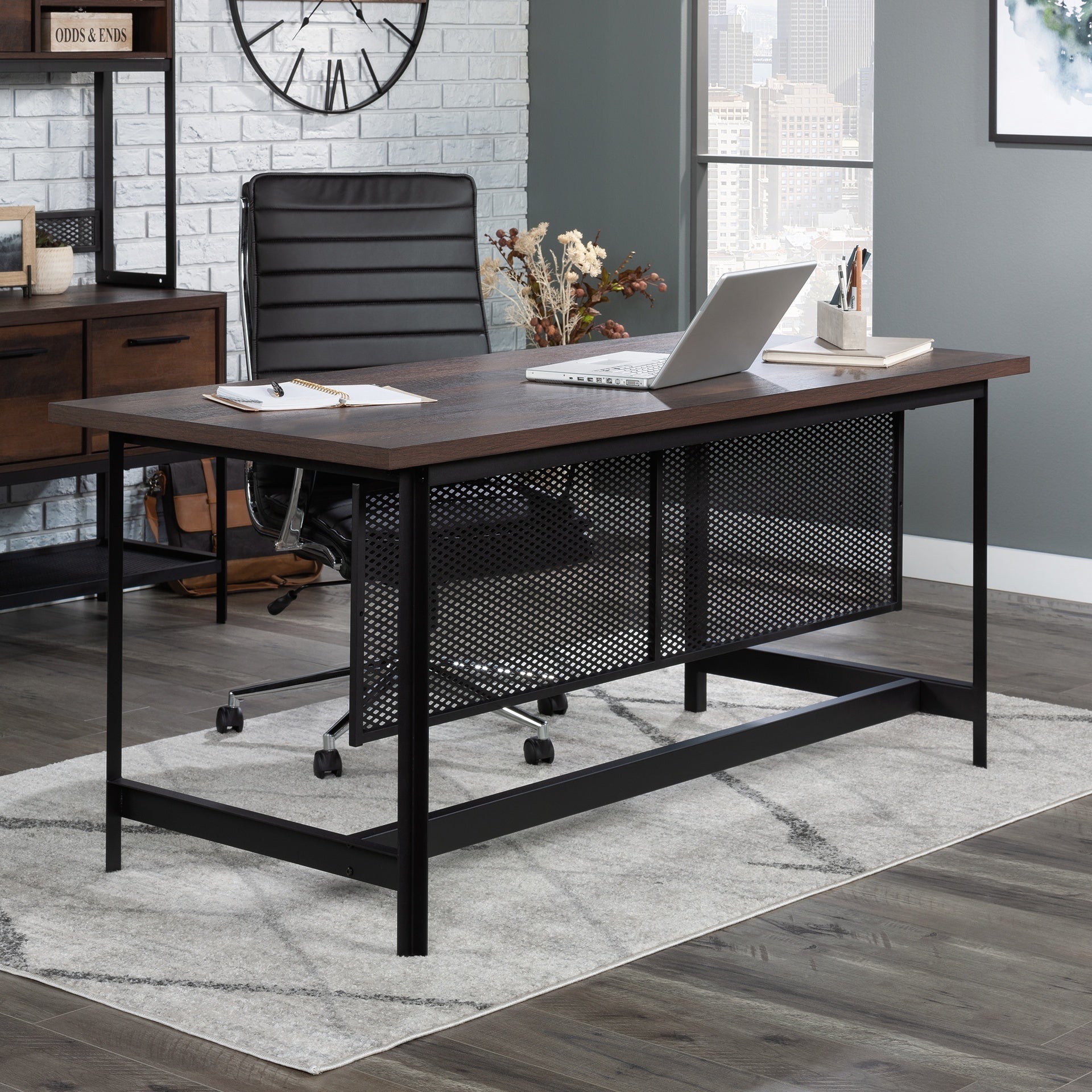 Industrial Table Desk with Spacious Work Surface, Brown finish
