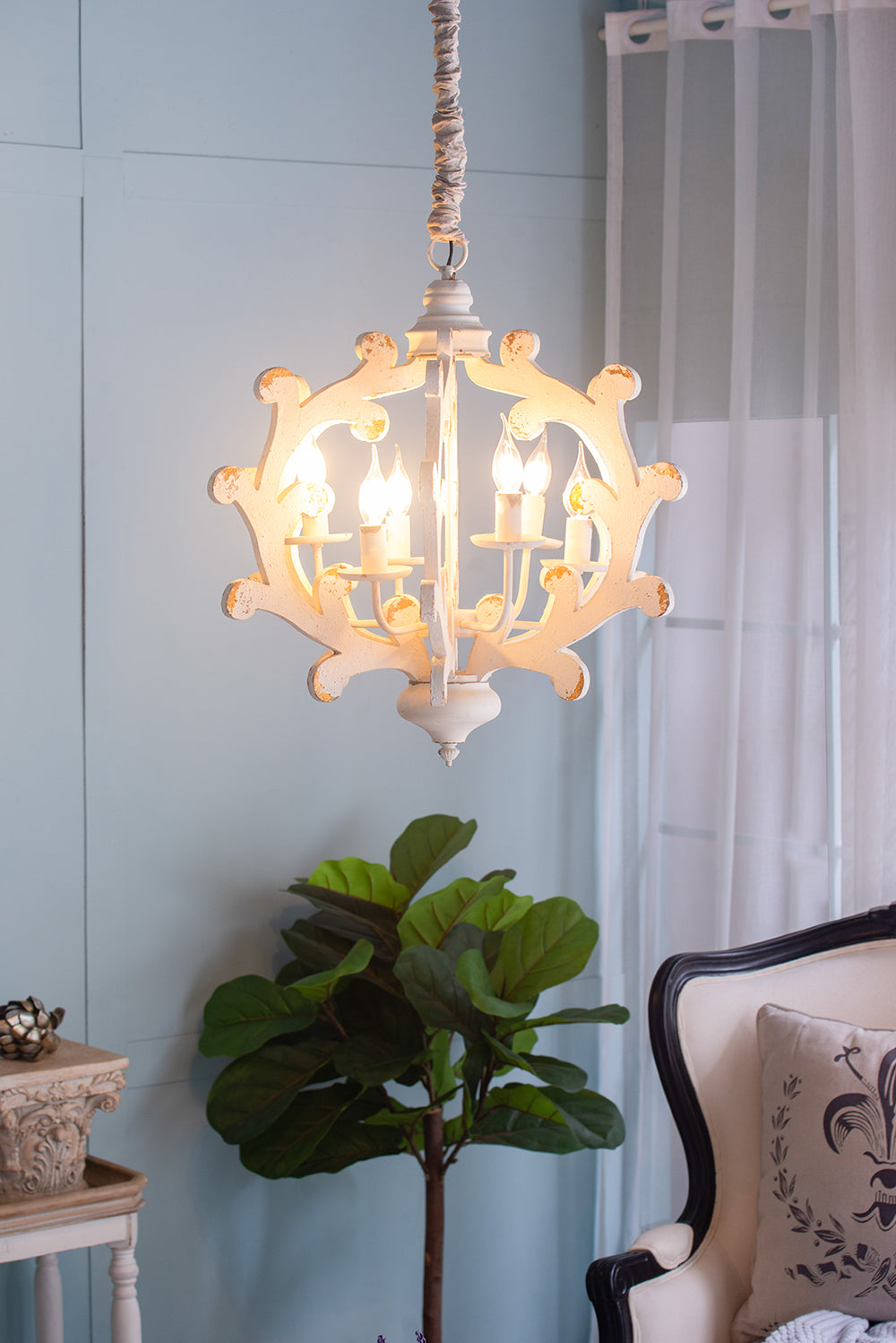 6 - Light Wood Chandelier, Hanging Light Fixture with Adjustable Chain for Kitchen Dining Room Foyer Entryway, Bulb Not Included