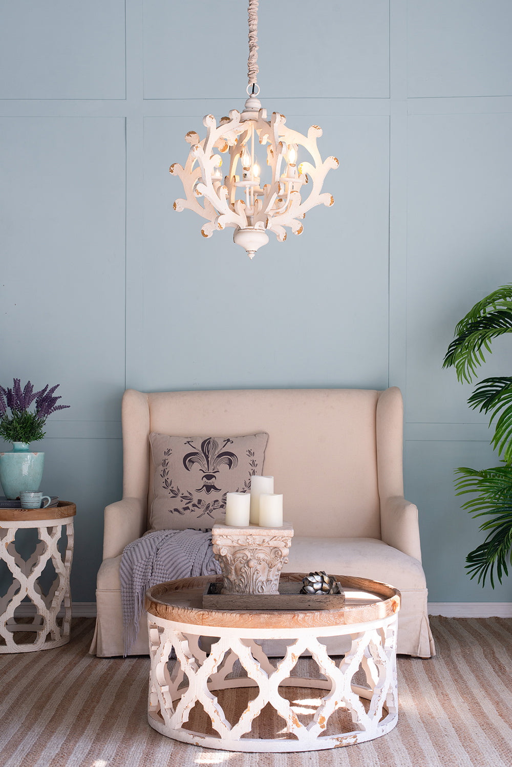 6 - Light Wood Chandelier, Hanging Light Fixture with Adjustable Chain for Kitchen Dining Room Foyer Entryway, Bulb Not Included
