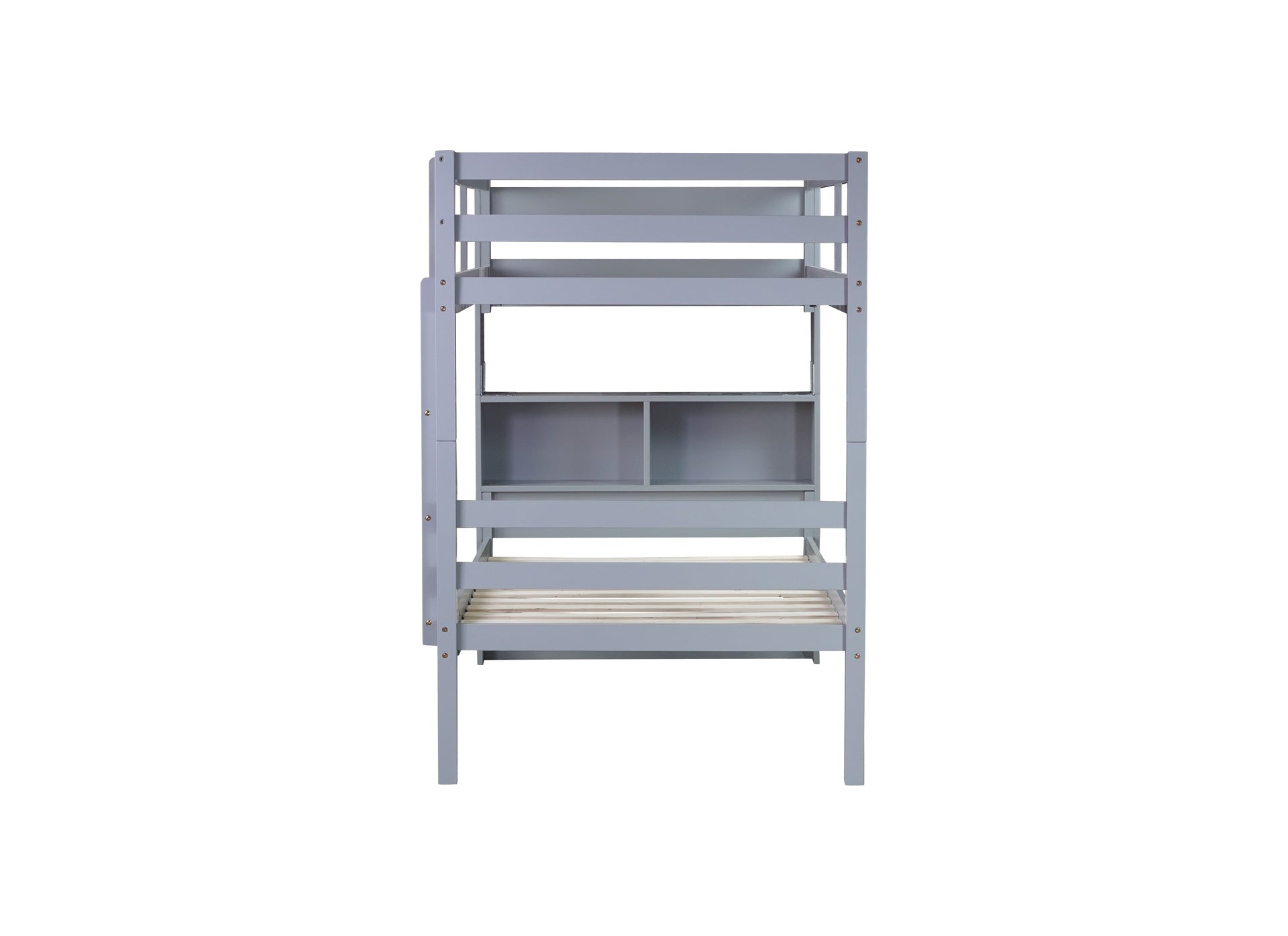 Twin Over Twin Bunk Bed with Shelves , Rubber Wood Bed with Shelves Headboard, Safety Guardrails and Ladder, Convertible to 2 Beds,Grey