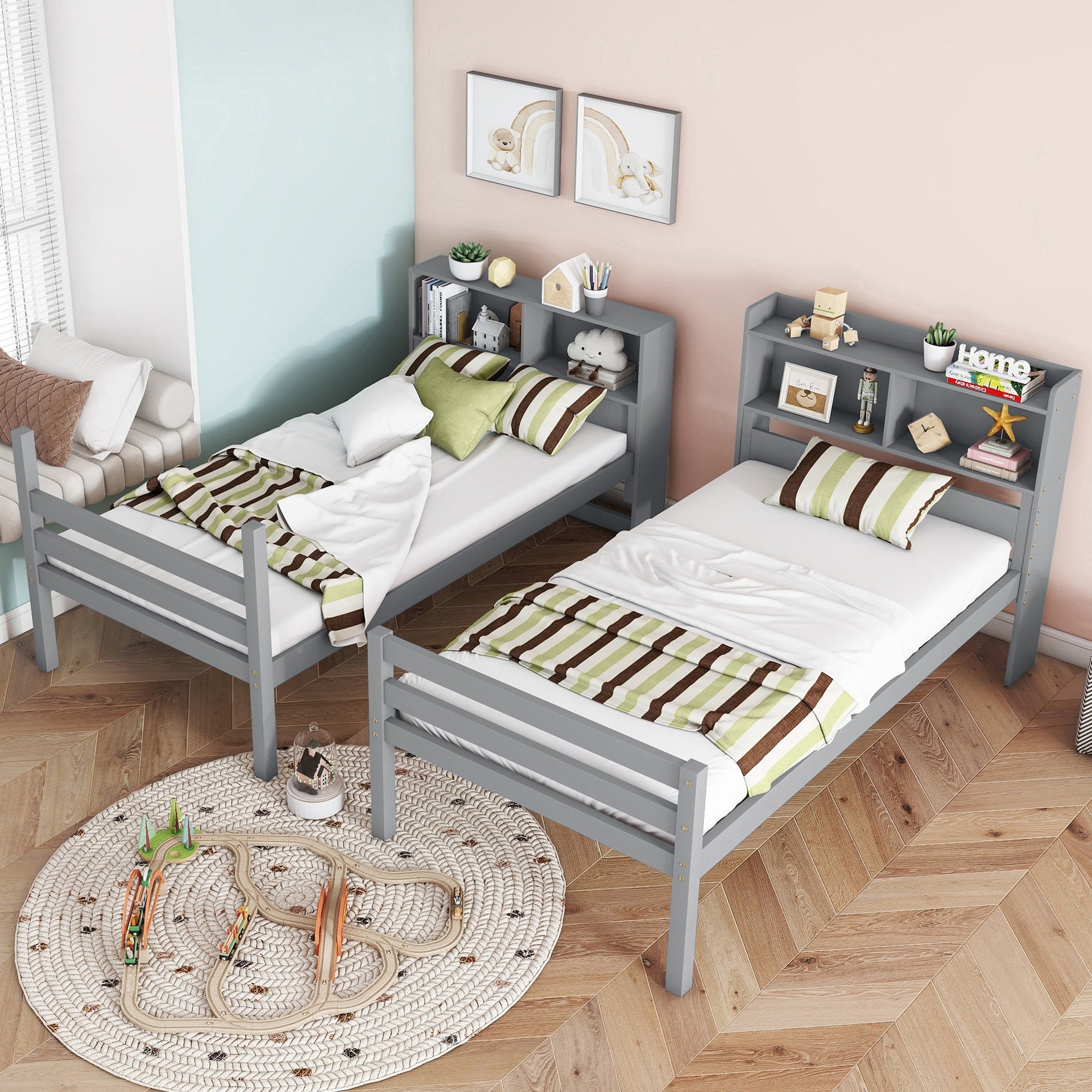 Twin Over Twin Bunk Bed with Shelves , Rubber Wood Bed with Shelves Headboard, Safety Guardrails and Ladder, Convertible to 2 Beds,Grey