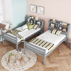 Twin Over Twin Bunk Bed with Shelves , Rubber Wood Bed with Shelves Headboard, Safety Guardrails and Ladder, Convertible to 2 Beds,Grey
