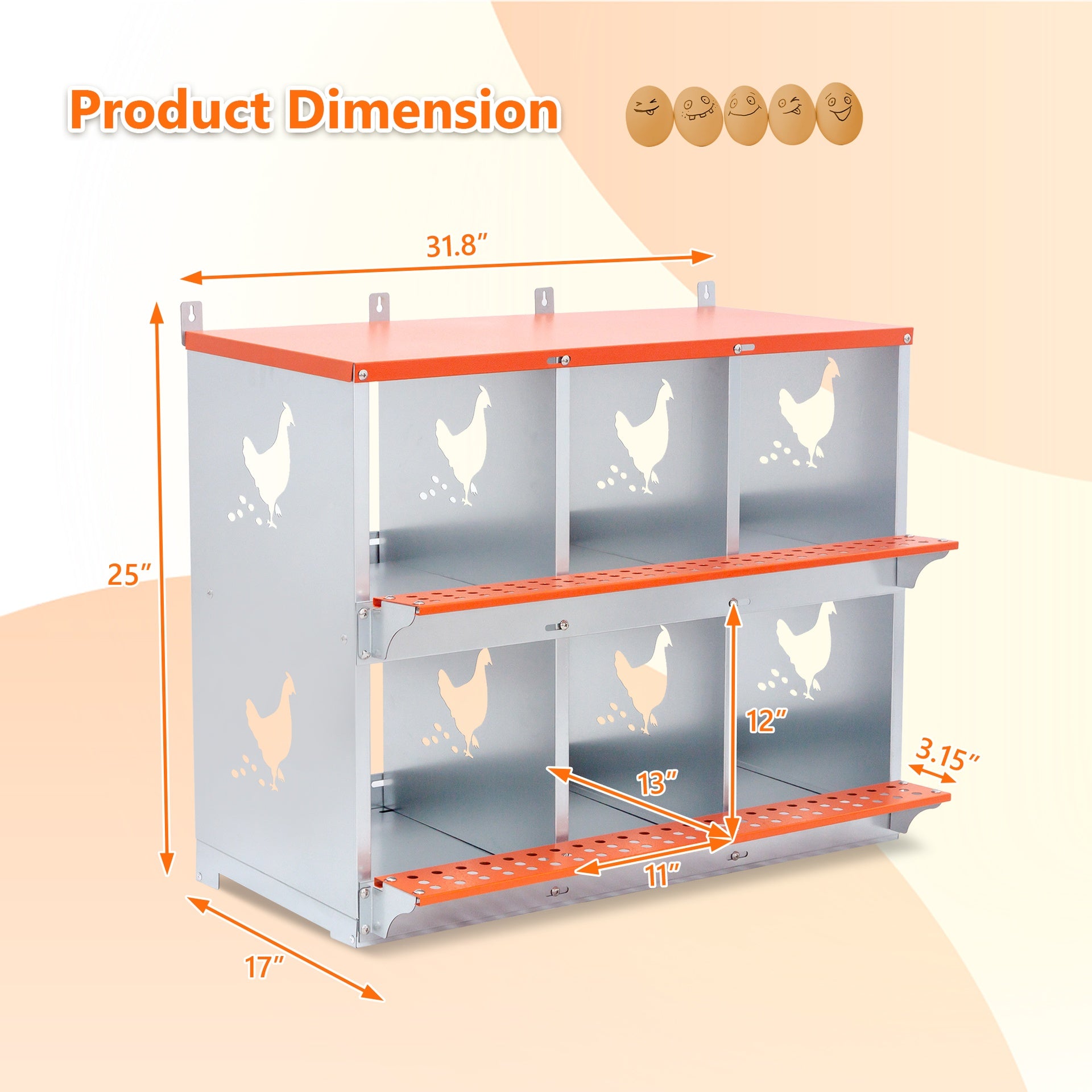 6-Bay Metal Nest Box-Wall Mount for Hens/Ducks, Easy Egg Collection & Assembly, Vented Galvanized Steel Coop Equipment Orange