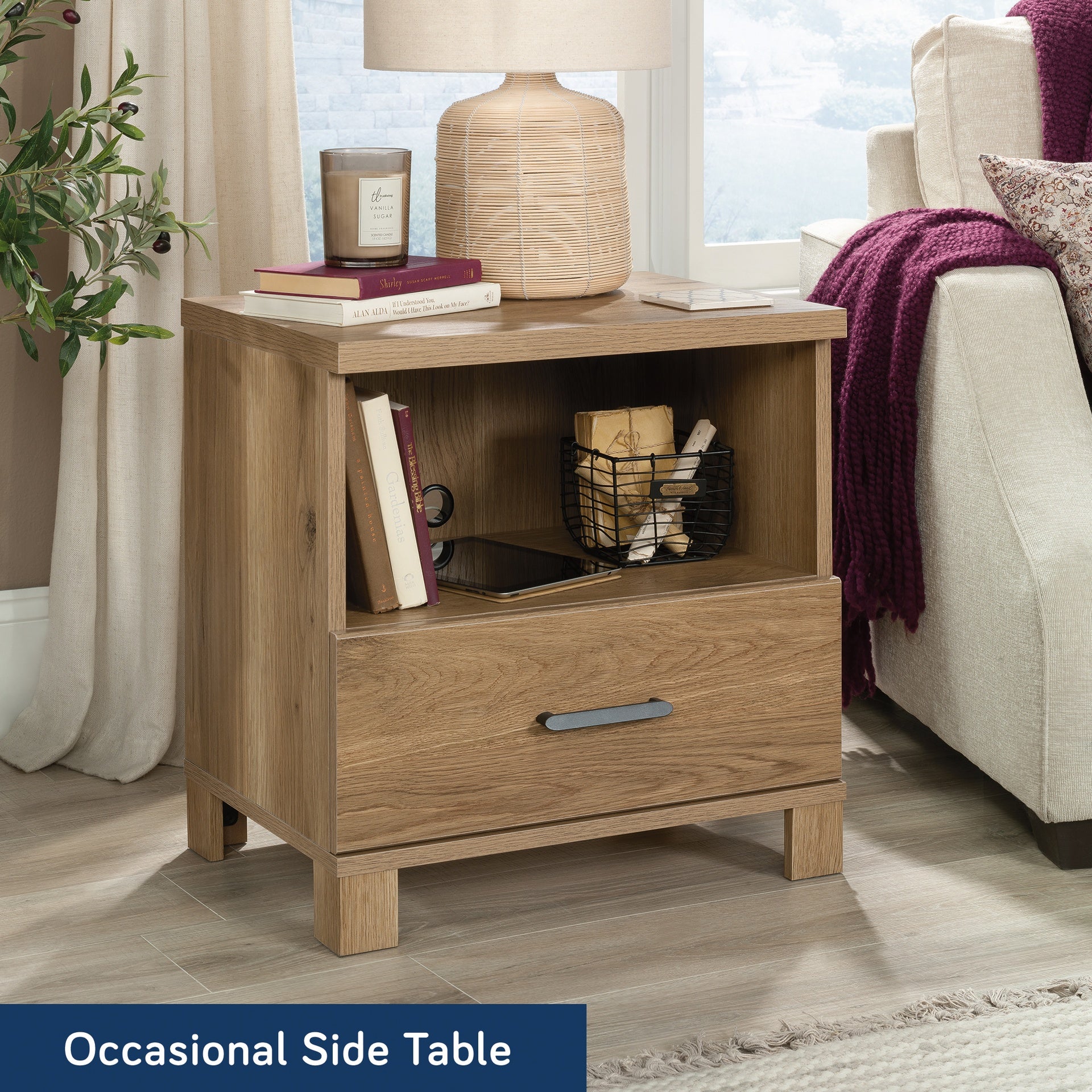 Country Nightstand with 1 Drawer and Open Shelf, Brown finish