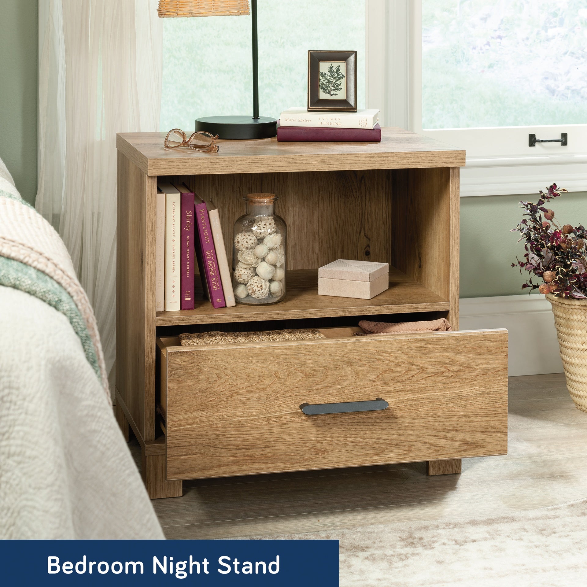 Country Nightstand with 1 Drawer and Open Shelf, Brown finish