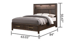 Kenzo Modern Style Queen Bed Made with Wood & LED Headboard with bookshelf in Walnut (NJ Inventory)