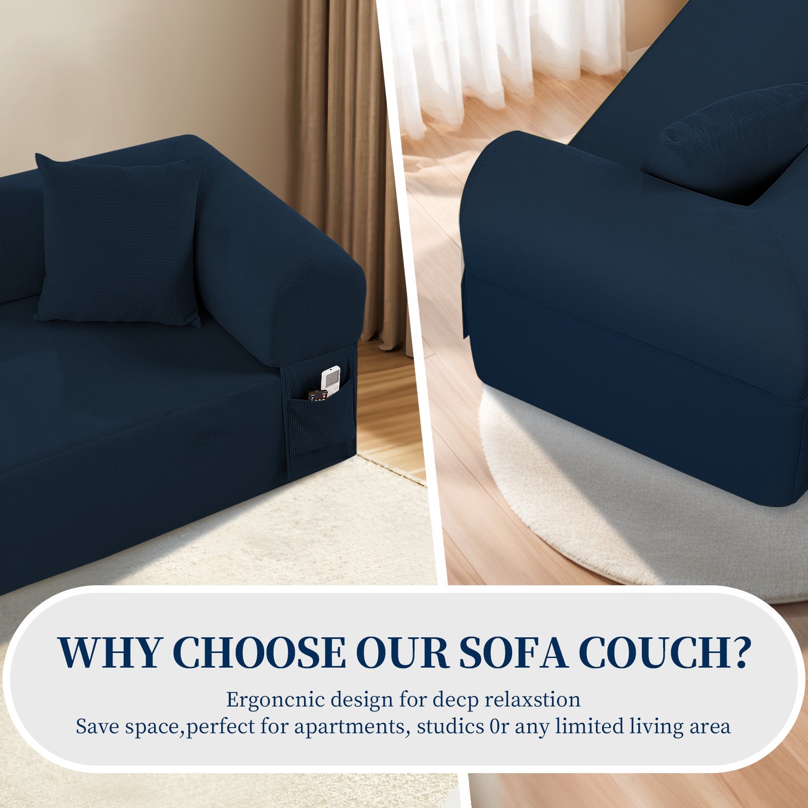 Spring Sofa with High-Quality Fabric, Pillows & Storage - Pocketed Springs, High-Density Foam, for Living Room, Apartment or Studics,Blue.