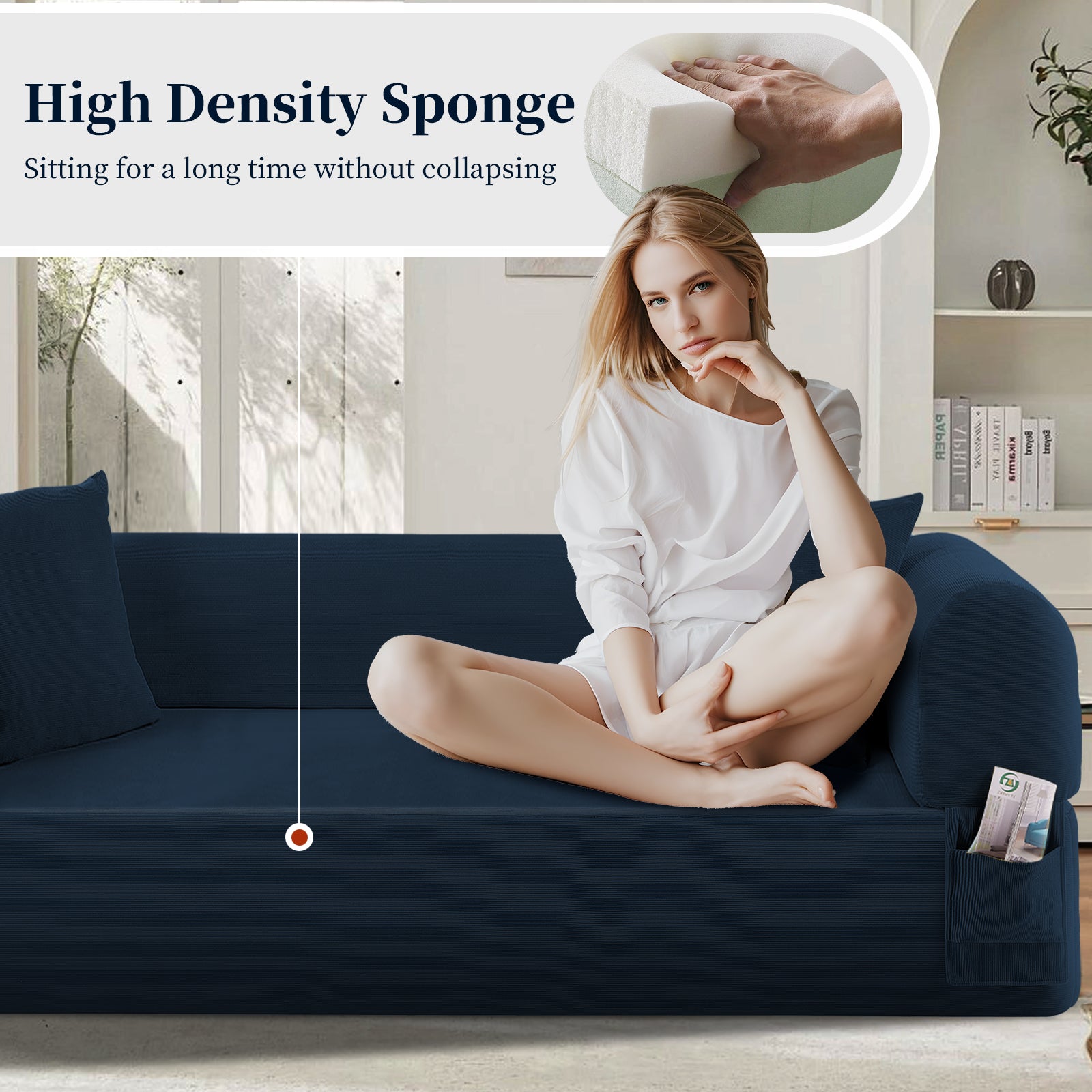 Spring Sofa with High-Quality Fabric, Pillows & Storage - Pocketed Springs, High-Density Foam, for Living Room, Apartment or Studics,Blue.