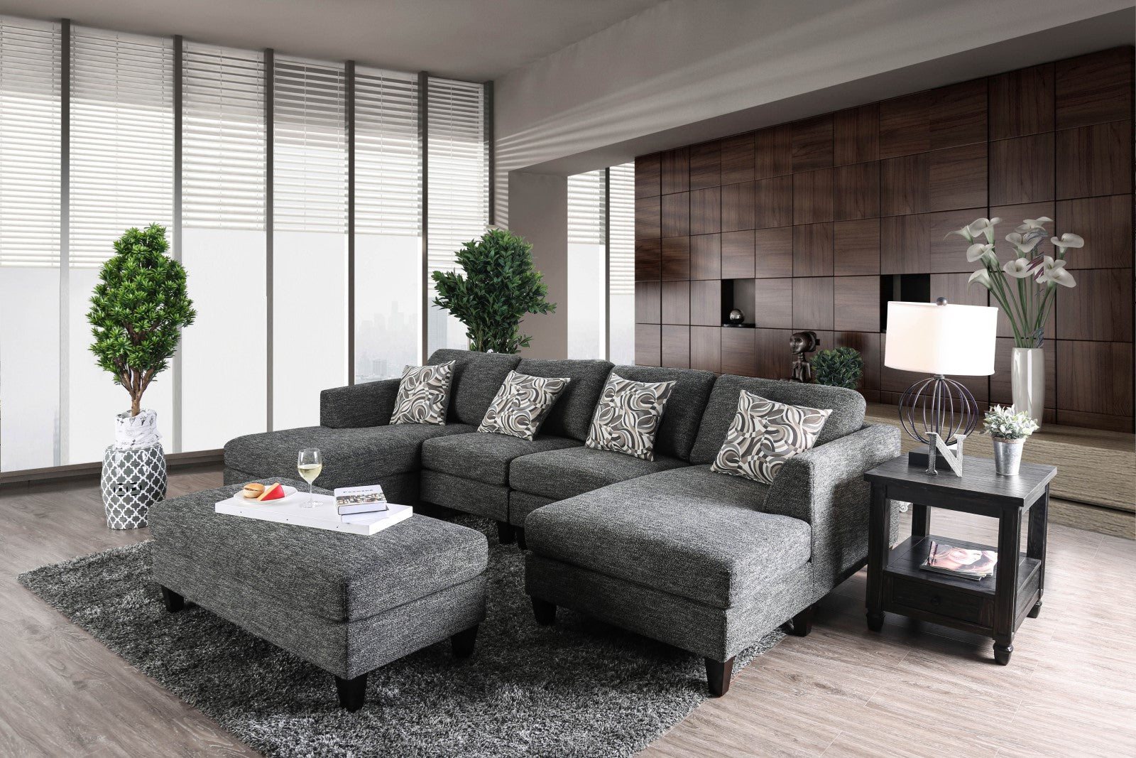 Gray Chenille 5pc Sectional Set Living Room Furniture Pillows Armless Chair Ottoman Chaise Plush Couch Sectionals