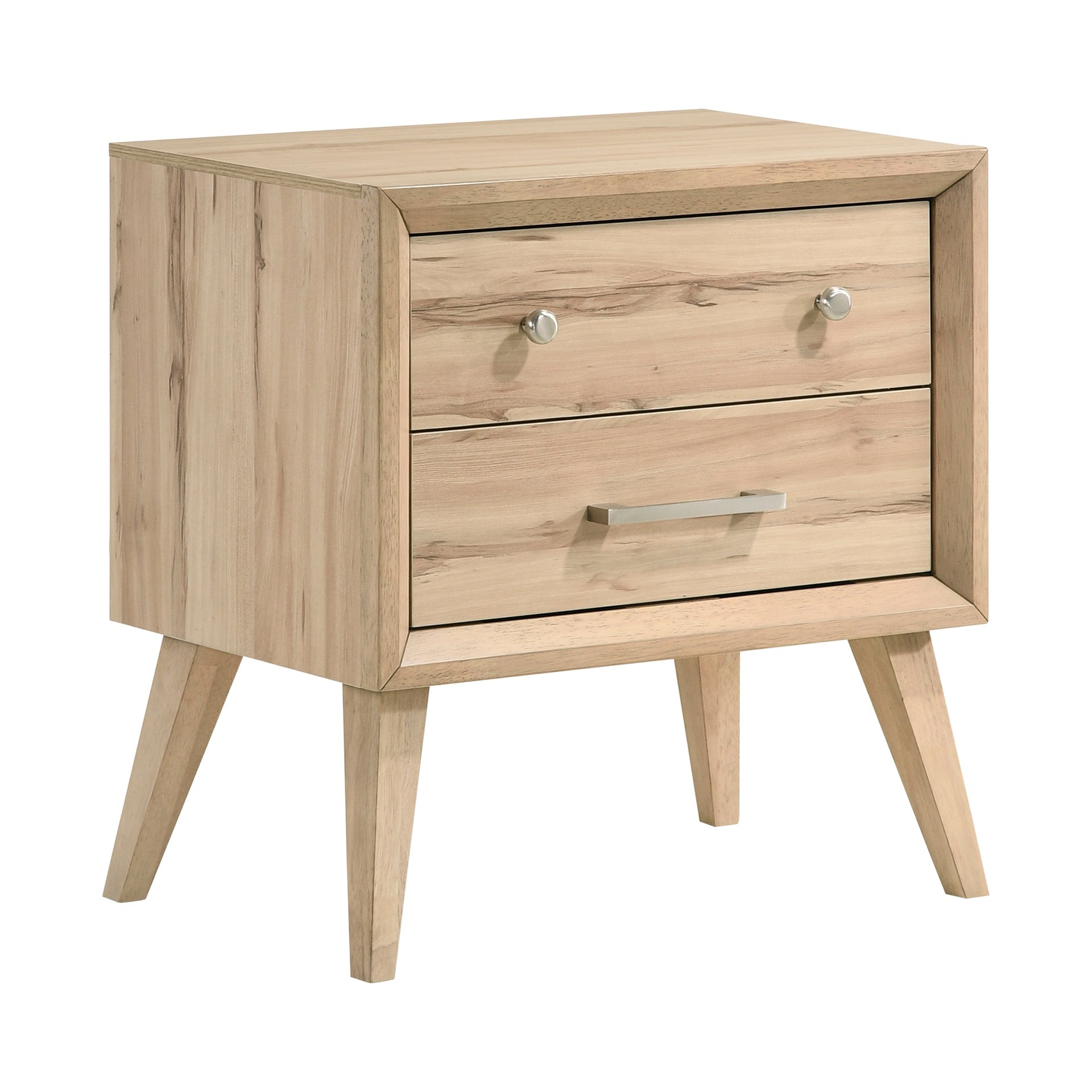 Classic Style Nightstand of 2x Drawers Natural Oak Finish Wooden Bedroom Furniture 1pc, Mid-Century Modern Design