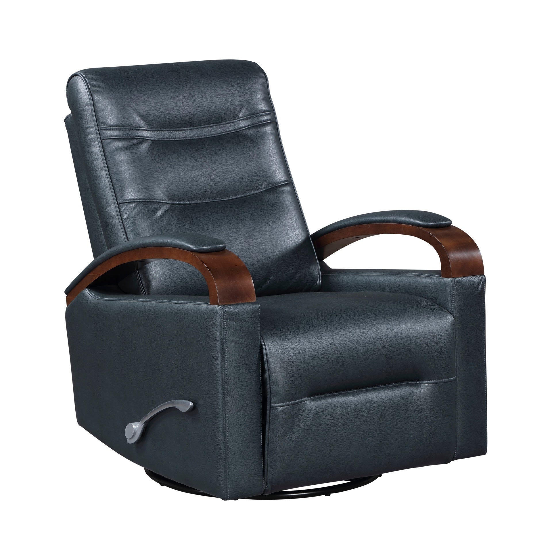 1pc Swivel Gliding Recliner Faux Leather Upholstered Solid Rubberwood Arms Luxurious Living Room Furniture, Navy