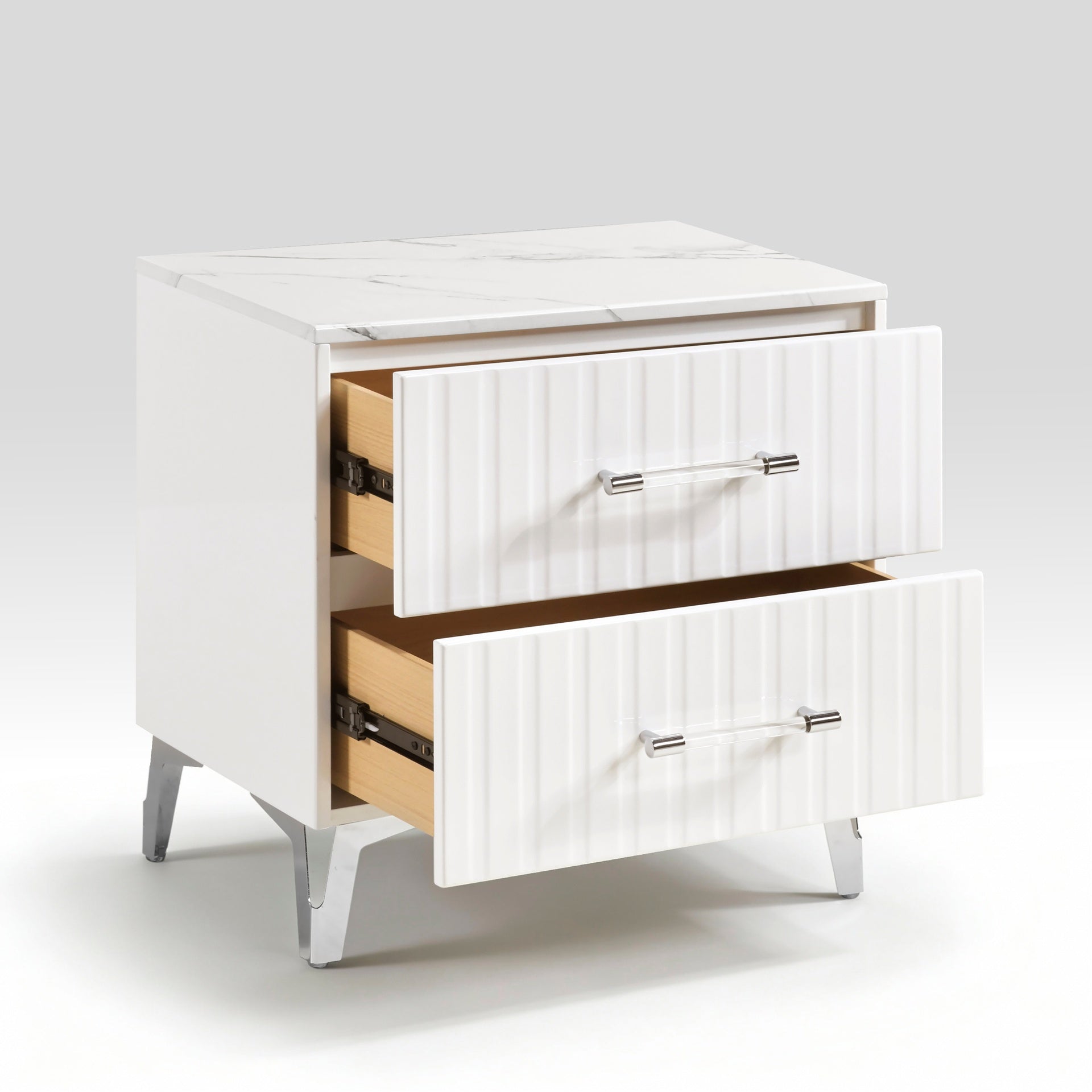 Glam White Nightstand of 2x Storage Drawers Faux Marble Laminated Top Chrome Metal Legs Bedroom Furniture 1pc