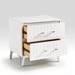 Glam White Nightstand of 2x Storage Drawers Faux Marble Laminated Top Chrome Metal Legs Bedroom Furniture 1pc