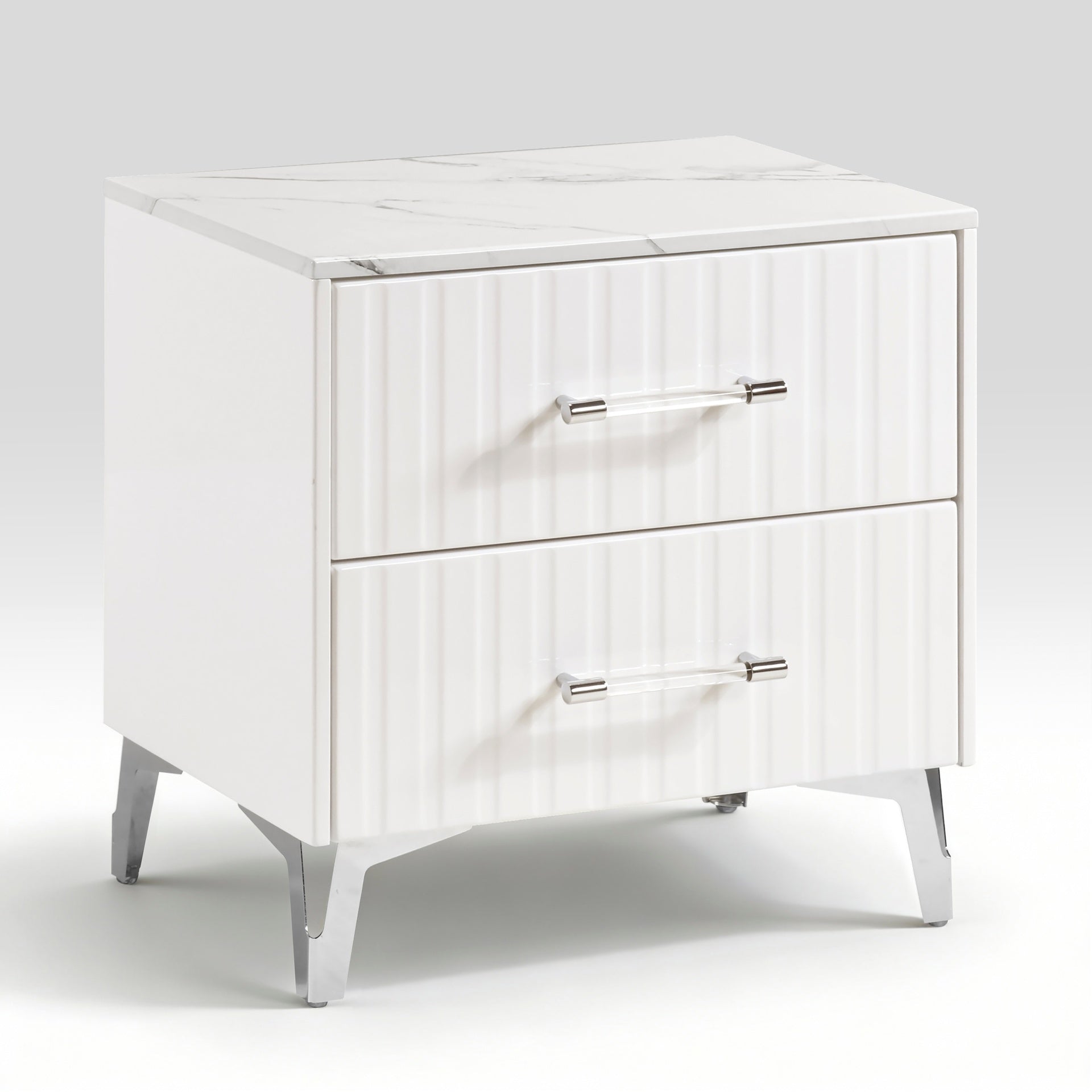Glam White Nightstand of 2x Storage Drawers Faux Marble Laminated Top Chrome Metal Legs Bedroom Furniture 1pc