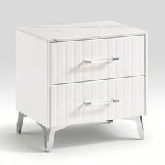 Glam White Nightstand of 2x Storage Drawers Faux Marble Laminated Top Chrome Metal Legs Bedroom Furniture 1pc