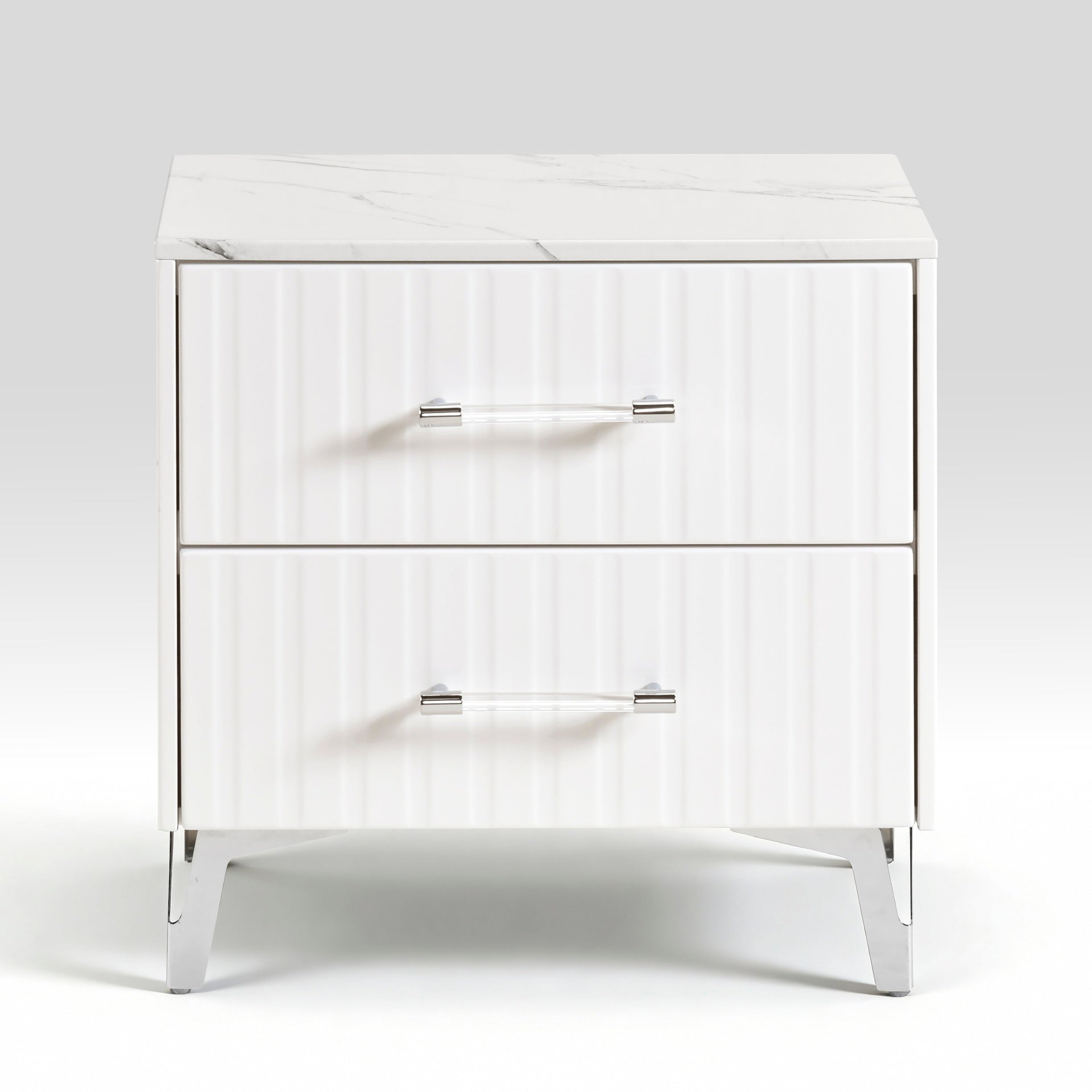 Glam White Nightstand of 2x Storage Drawers Faux Marble Laminated Top Chrome Metal Legs Bedroom Furniture 1pc