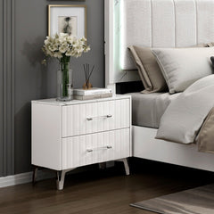 Glam White Nightstand of 2x Storage Drawers Faux Marble Laminated Top Chrome Metal Legs Bedroom Furniture 1pc