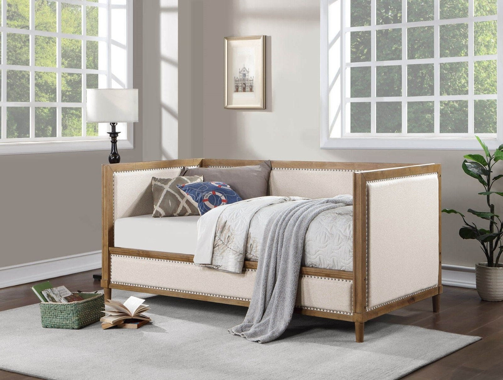 Beige Fabric Upholstered 1pc Day Bed Light Oak Bed Frame Nailhead Trim Bedroom Furniture Mattress Ready Twin Day Bed