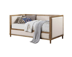 Beige Fabric Upholstered 1pc Day Bed Light Oak Bed Frame Nailhead Trim Bedroom Furniture Mattress Ready Twin Day Bed