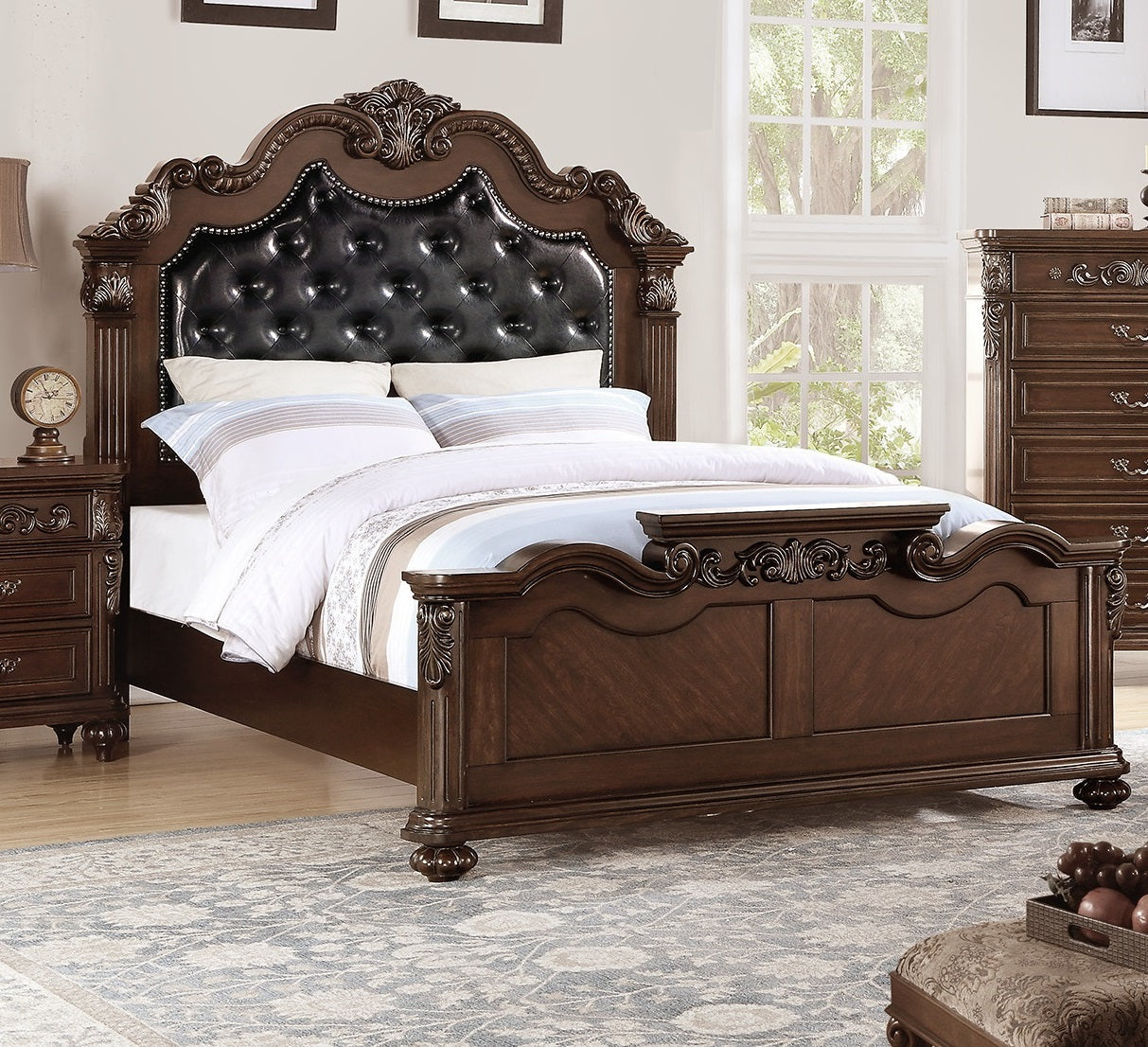 Gorgeous Traditional Antique Cherry 1pc Queen Size Bed Tufted Faux Leather Headboard Wooden Bedframe