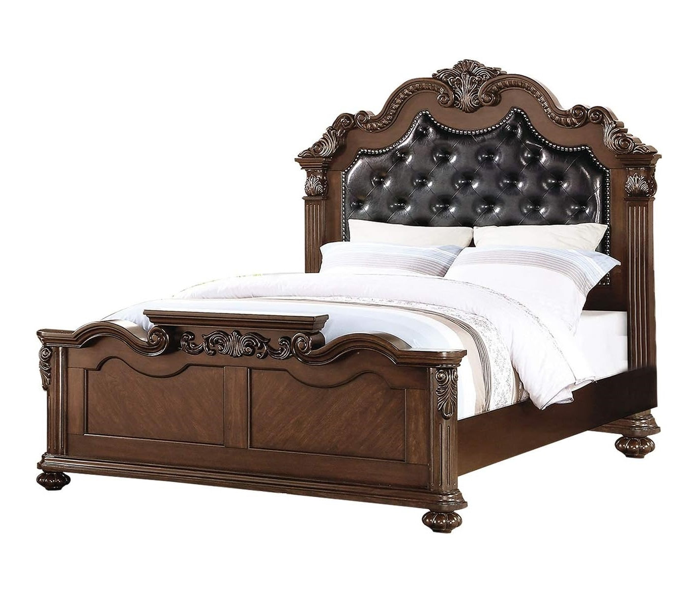 Gorgeous Traditional Antique Cherry 1pc Queen Size Bed Tufted Faux Leather Headboard Wooden Bedframe