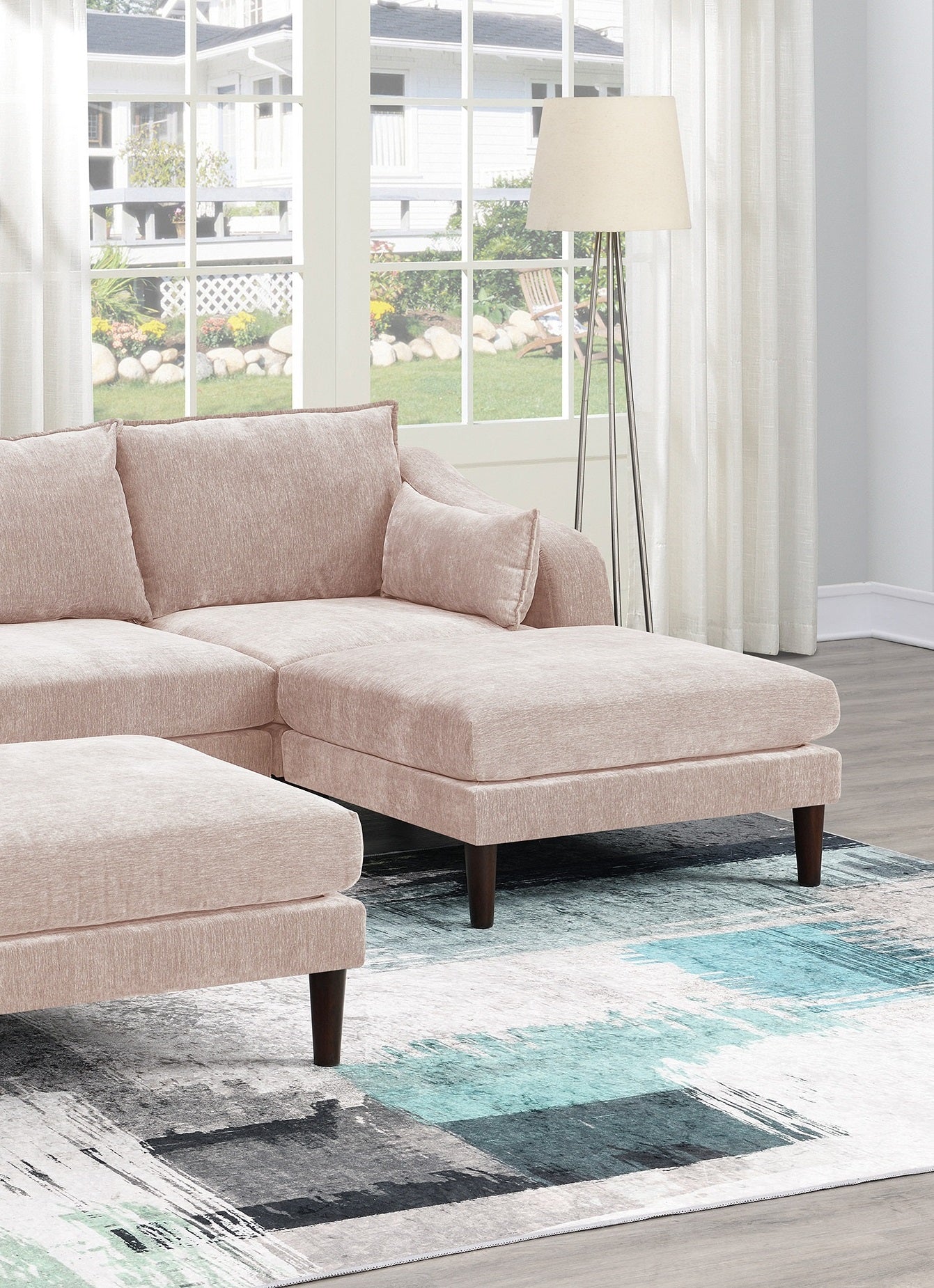 Contemporary 5pcs Modular Sectional Set One Arm Chairs Armless Chair Ottomans L-Shaped Sectional Blush Pink Morgan Fabric