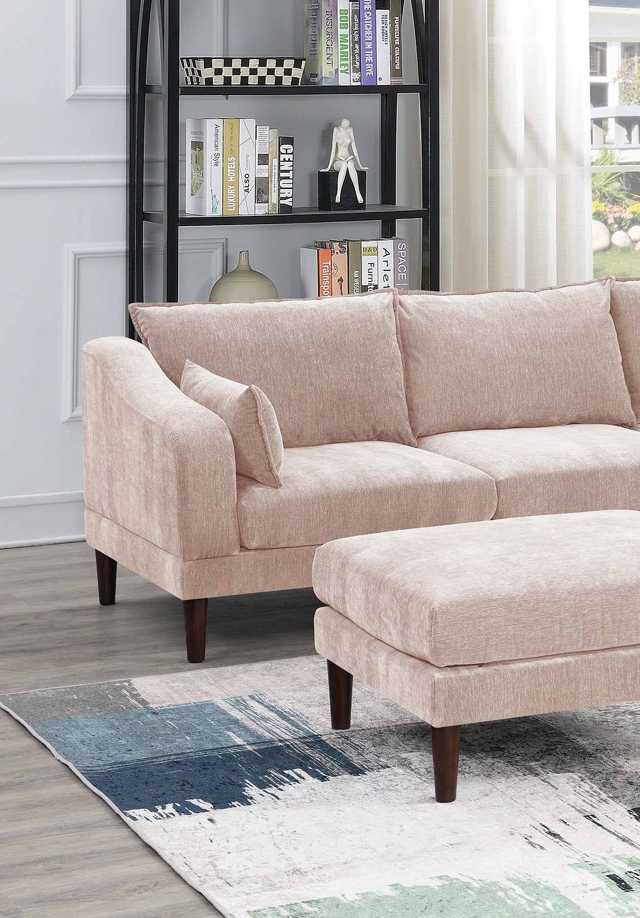 Contemporary 5pcs Modular Sectional Set One Arm Chairs Armless Chair Ottomans L-Shaped Sectional Blush Pink Morgan Fabric