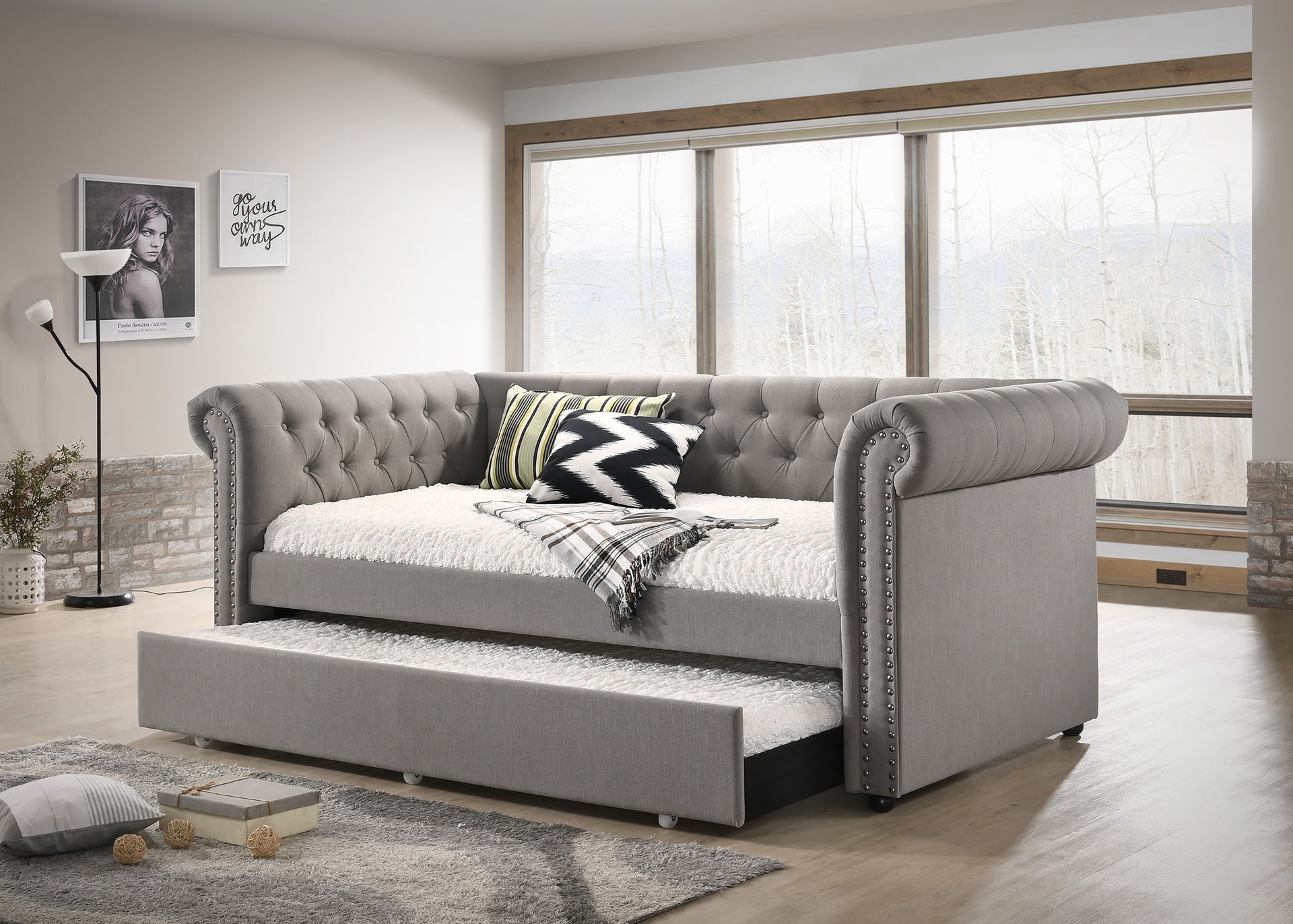Luxurious 1pc Modern Aesthetic Beautifully Button Tufted Nailhead Trim Design Daybed Built-in pull-out Trundle Bed Living Space Guest Room Bedroom Dove Gray