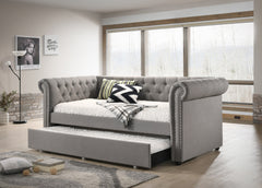 Luxurious 1pc Modern Aesthetic Beautifully Button Tufted Nailhead Trim Design Daybed Built-in pull-out Trundle Bed Living Space Guest Room Bedroom Dove Gray