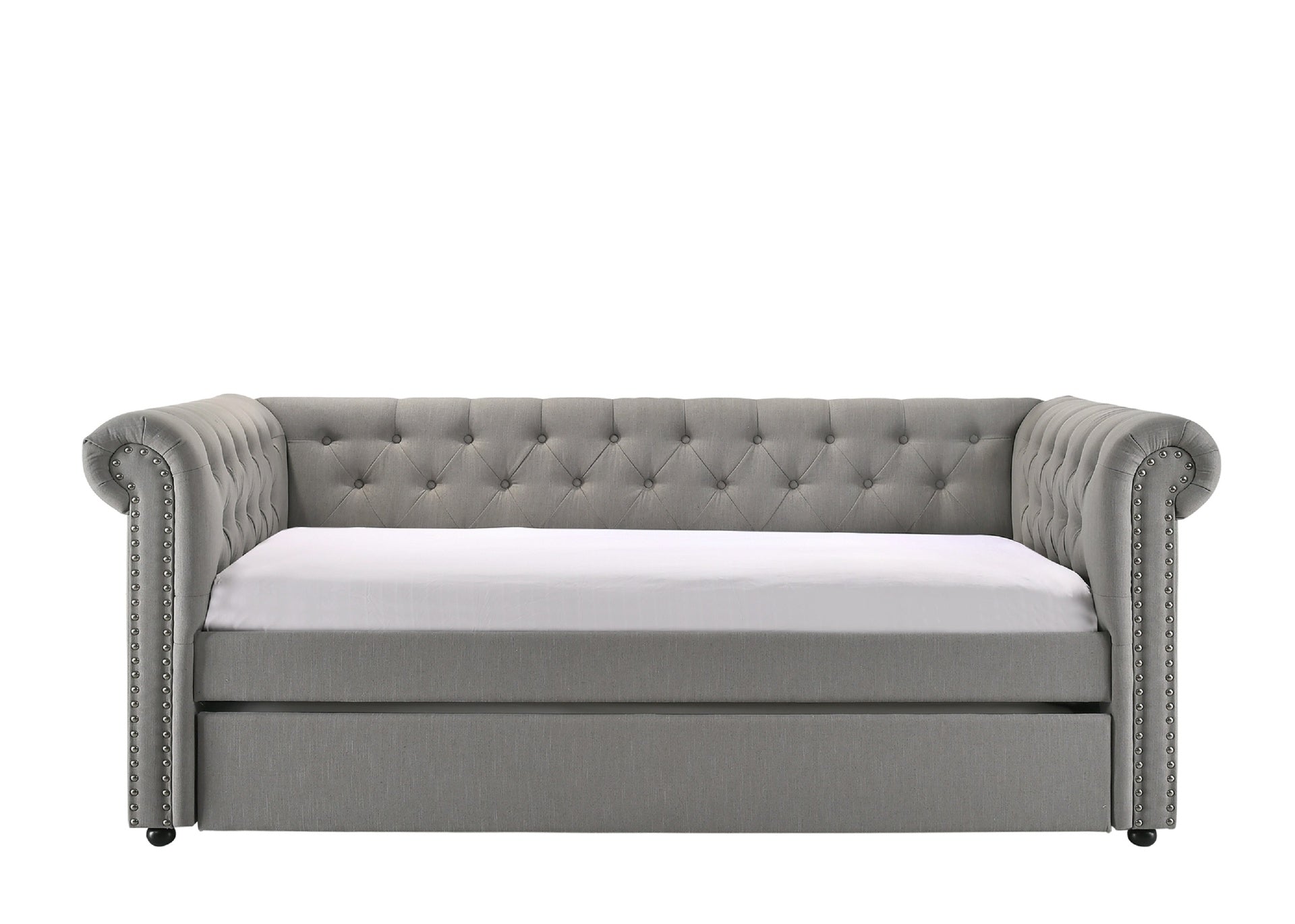 Luxurious 1pc Modern Aesthetic Beautifully Button Tufted Nailhead Trim Design Daybed Built-in pull-out Trundle Bed Living Space Guest Room Bedroom Dove Gray