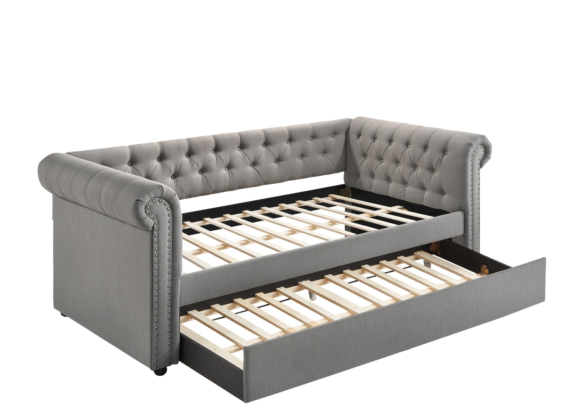 Luxurious 1pc Modern Aesthetic Beautifully Button Tufted Nailhead Trim Design Daybed Built-in pull-out Trundle Bed Living Space Guest Room Bedroom Dove Gray