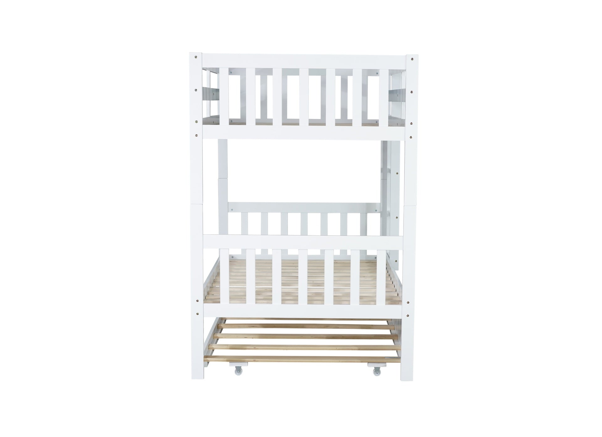 Twin Over Twin Rubber Wood Bunk Bed with Trundle, Convertible into Twin Size Beds, Twin Size Bunk Bed with Ladder and Safety Guardrails, White