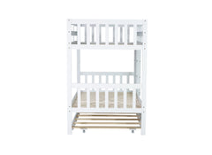 Twin Over Twin Rubber Wood Bunk Bed with Trundle, Convertible into Twin Size Beds, Twin Size Bunk Bed with Ladder and Safety Guardrails, White