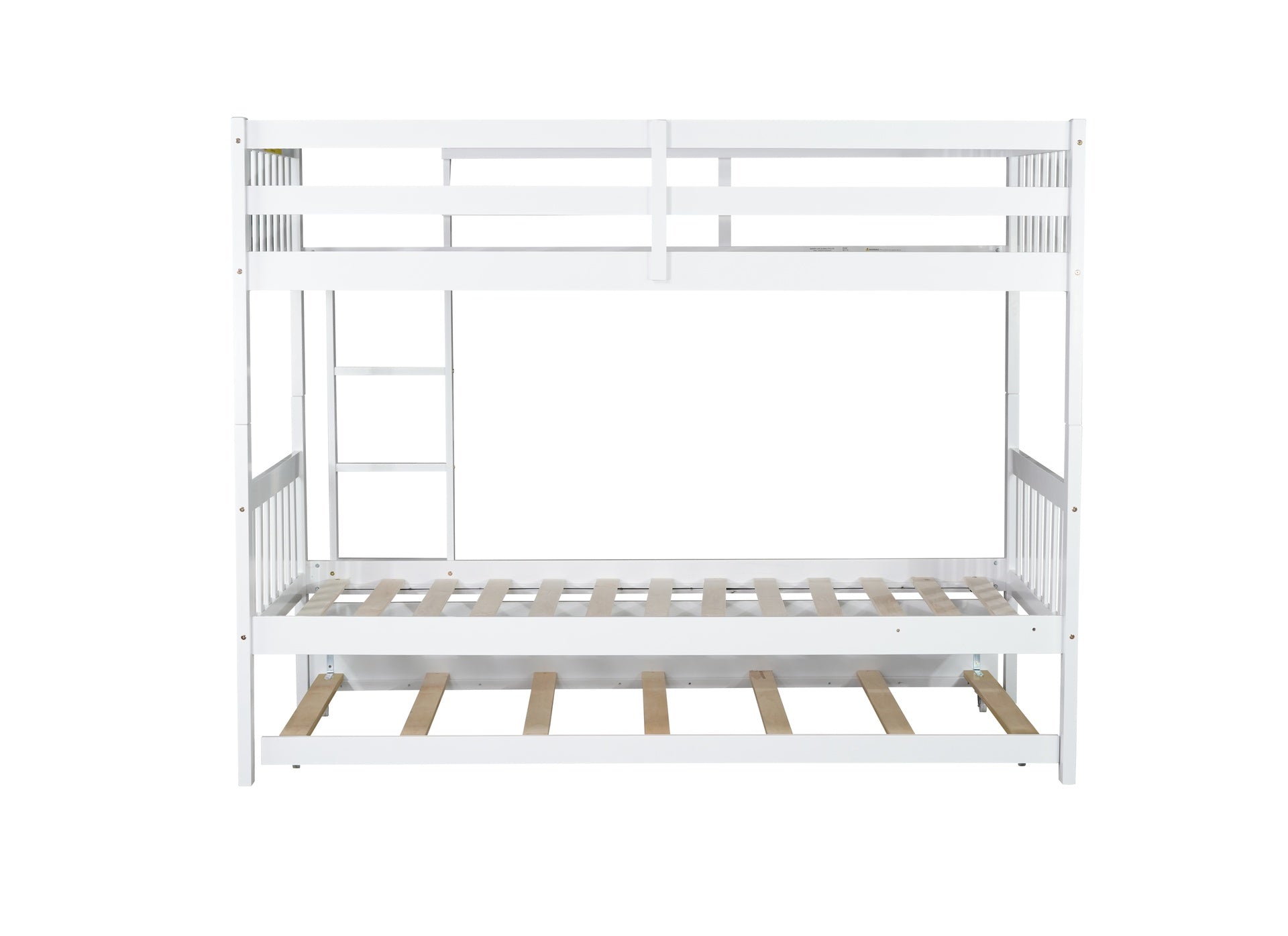 Twin Over Twin Rubber Wood Bunk Bed with Trundle, Convertible into Twin Size Beds, Twin Size Bunk Bed with Ladder and Safety Guardrails, White