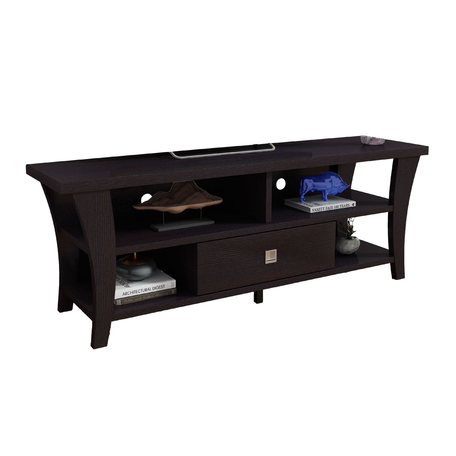 TV Stand Media Cabinet, Curved Wood Legs w 4 Shelves, 60 Inch, Brown