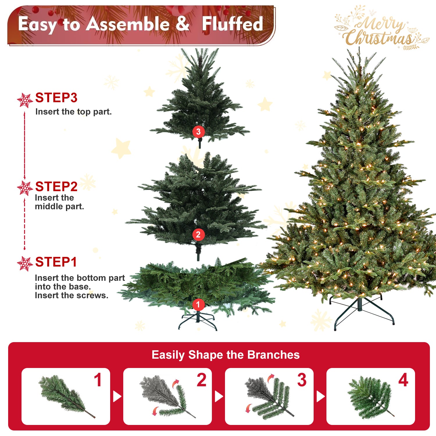 5FT Full-Shape Christmas Tree with 350 UL Lights – PE/PVC Mixed Branches, 1129 Tips, Wide Base for Spacious Areas, Hinged Structure, Stable Metal Stand
