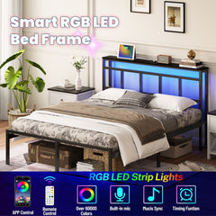 14 Inch Full Bed Frame with Storage Headboard, Metal Platform Bed Frame with USB-C,Type-C and LED Light, Black