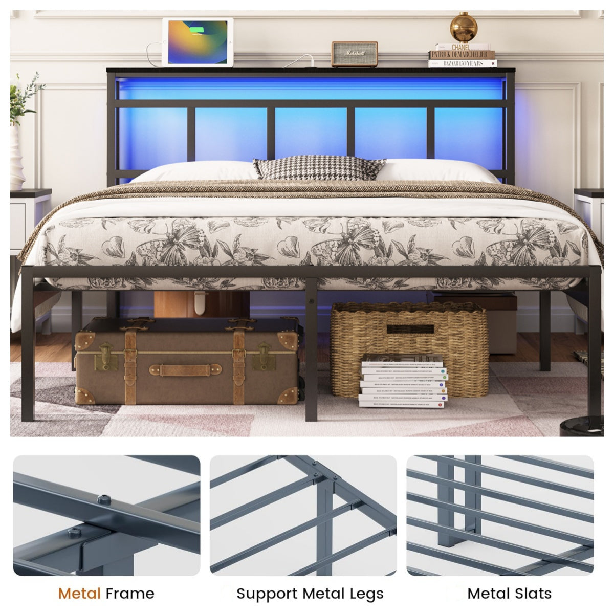 14 Inch Full Bed Frame with Storage Headboard, Metal Platform Bed Frame with USB-C,Type-C and LED Light, Black