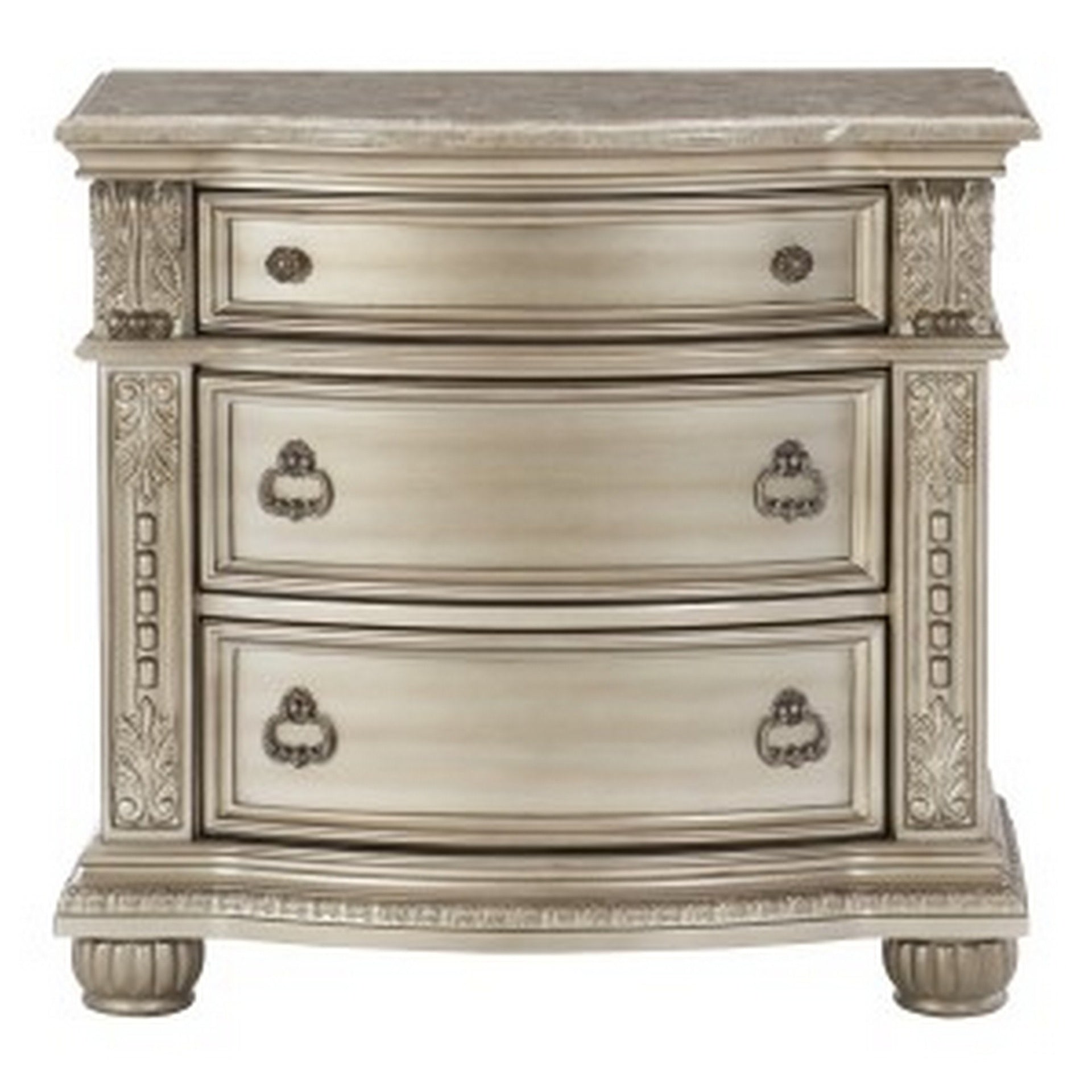 Caitlin 35 Inch 3 Drawer Nightstand with Marble Top, Leaf Carvings, Silver