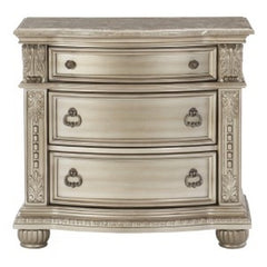 Caitlin 35 Inch 3 Drawer Nightstand with Marble Top, Leaf Carvings, Silver
