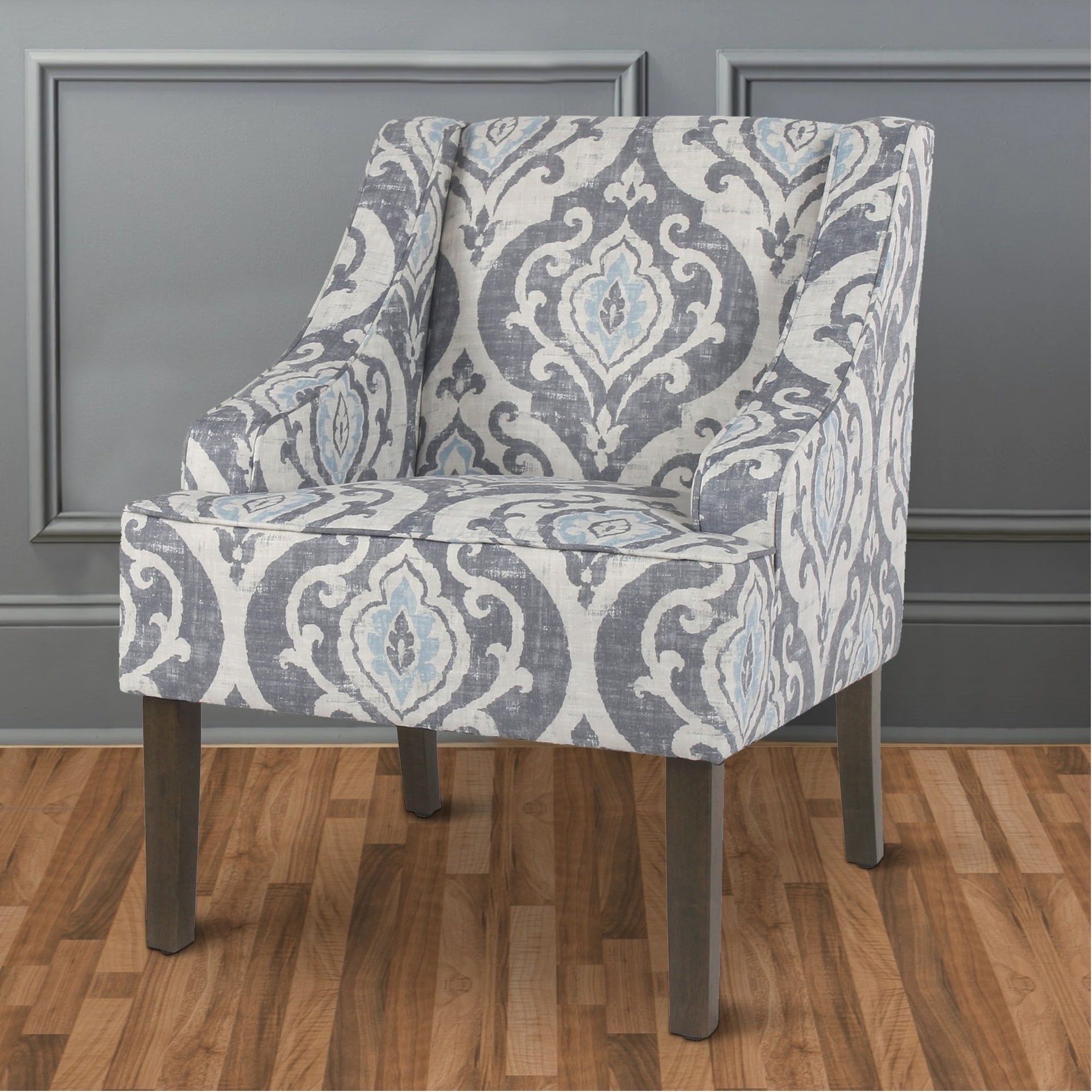 Fabric Upholstered Wooden Accent Chair with Swooping Armrests and Damask Pattern Design, Multicolor