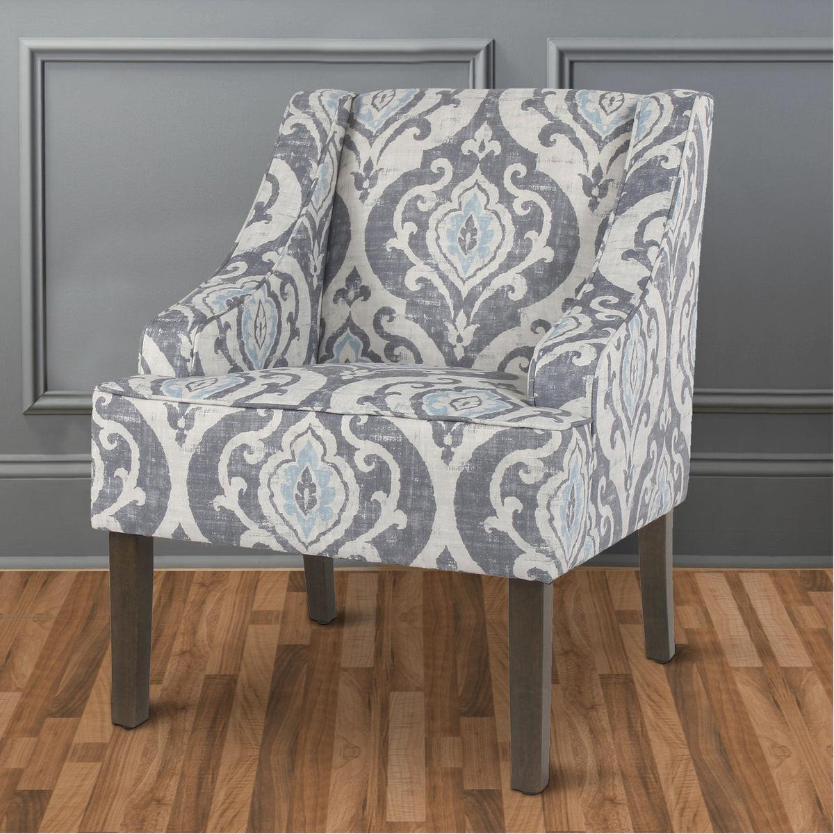 Fabric Upholstered Wooden Accent Chair with Swooping Armrests and Damask Pattern Design, Multicolor