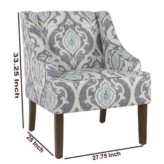 Fabric Upholstered Wooden Accent Chair with Swooping Armrests and Damask Pattern Design, Multicolor