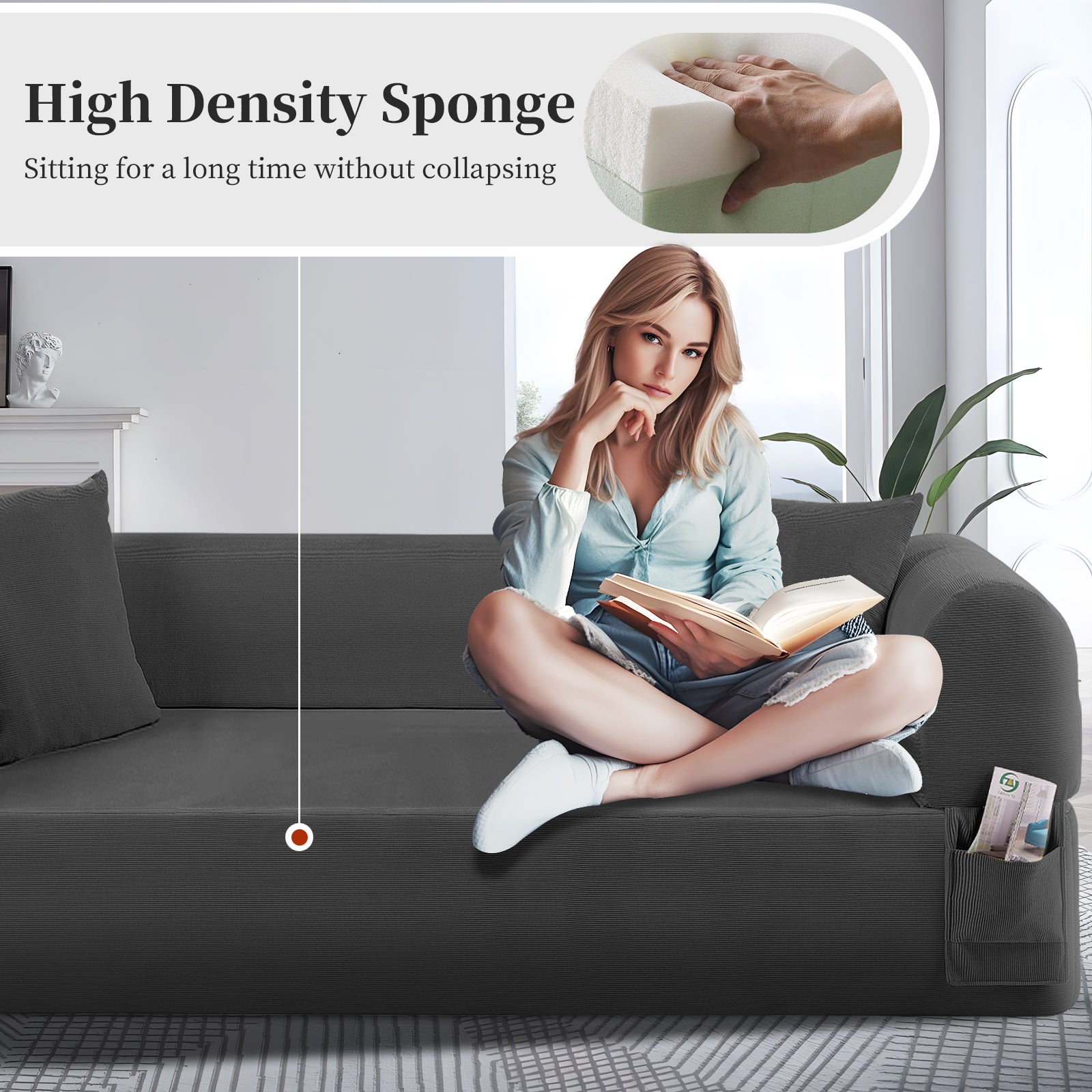 Spring Sofa with High-Quality Fabric, Pillows & Storage - Pocketed Springs, High-Density Foam, for Living Room, Apartment or Studics,Gray.