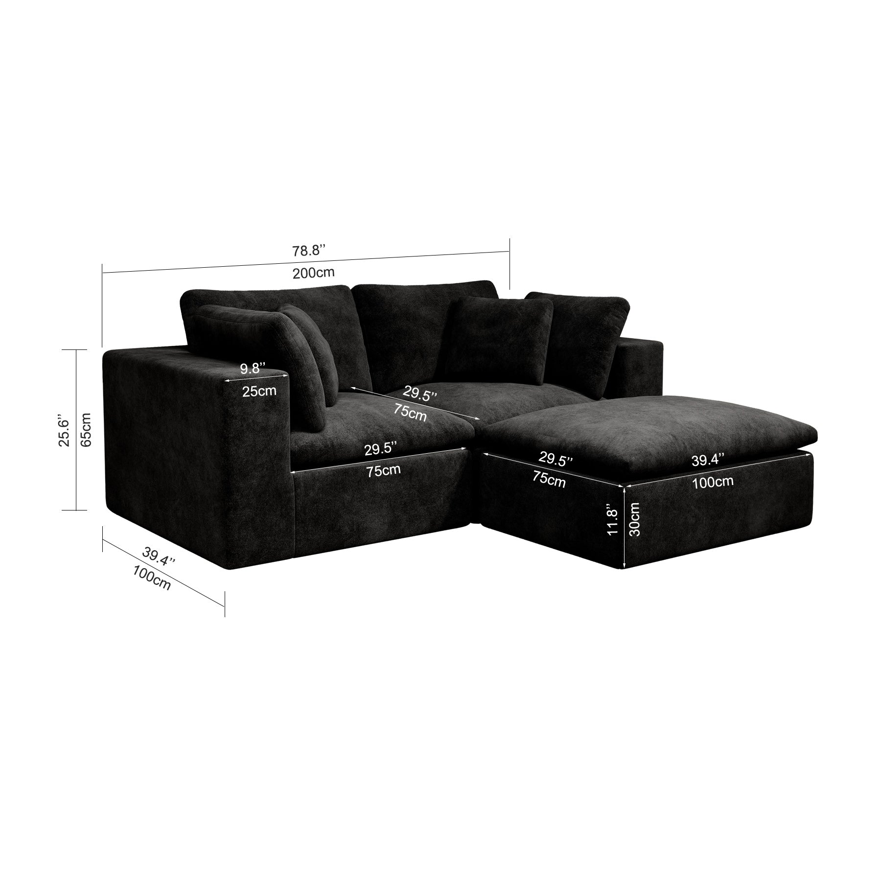 78.8*68.9"Modular sectional sofa seat,Upholstered compressed couch for living room,Bedroom,Apartment,No assembly required,3PC free combination,Plush corduroy fabric,BLACK