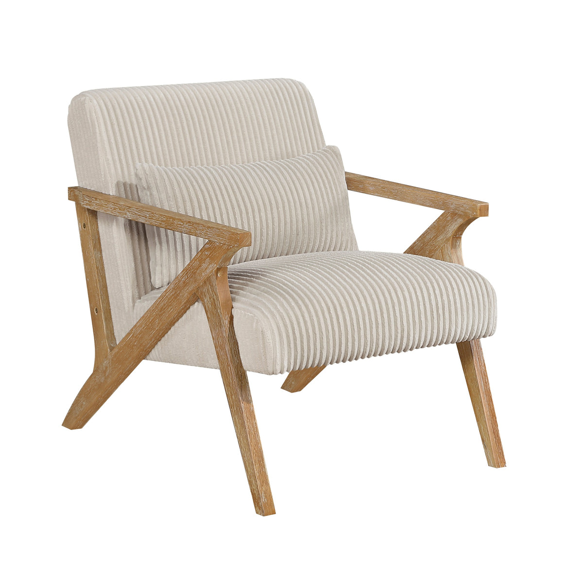 Upholstered Accent Chair with Pillow Beige Soft Corduroy Foam Seat Cushion Solid Rubberwood Modern Home Furniture 1pc
