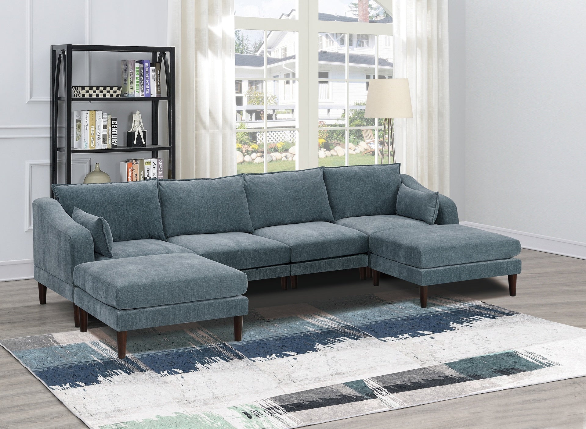 Modern Gorgeous Mineral Morgan Fabric 6pcs Modular Sectional Set Armless Chairs One Arm Chair Ottoman U-Shaped Couch Living Room