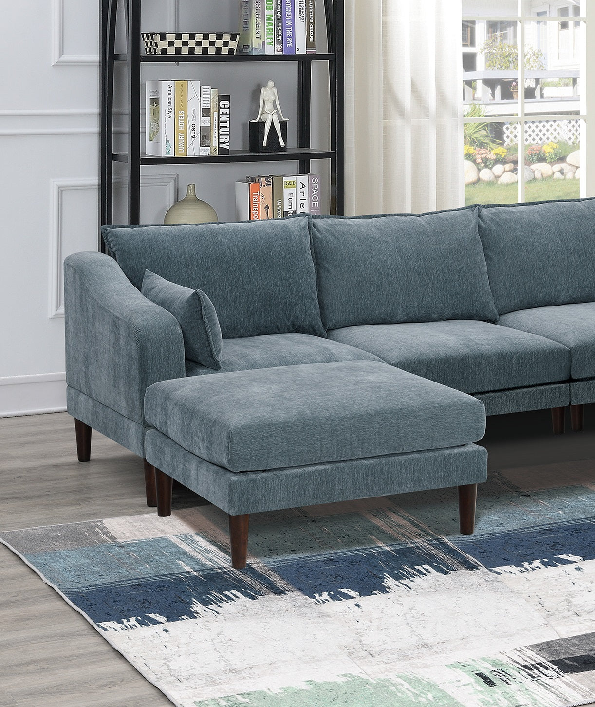 Modern Gorgeous Mineral Morgan Fabric 6pcs Modular Sectional Set Armless Chairs One Arm Chair Ottoman U-Shaped Couch Living Room
