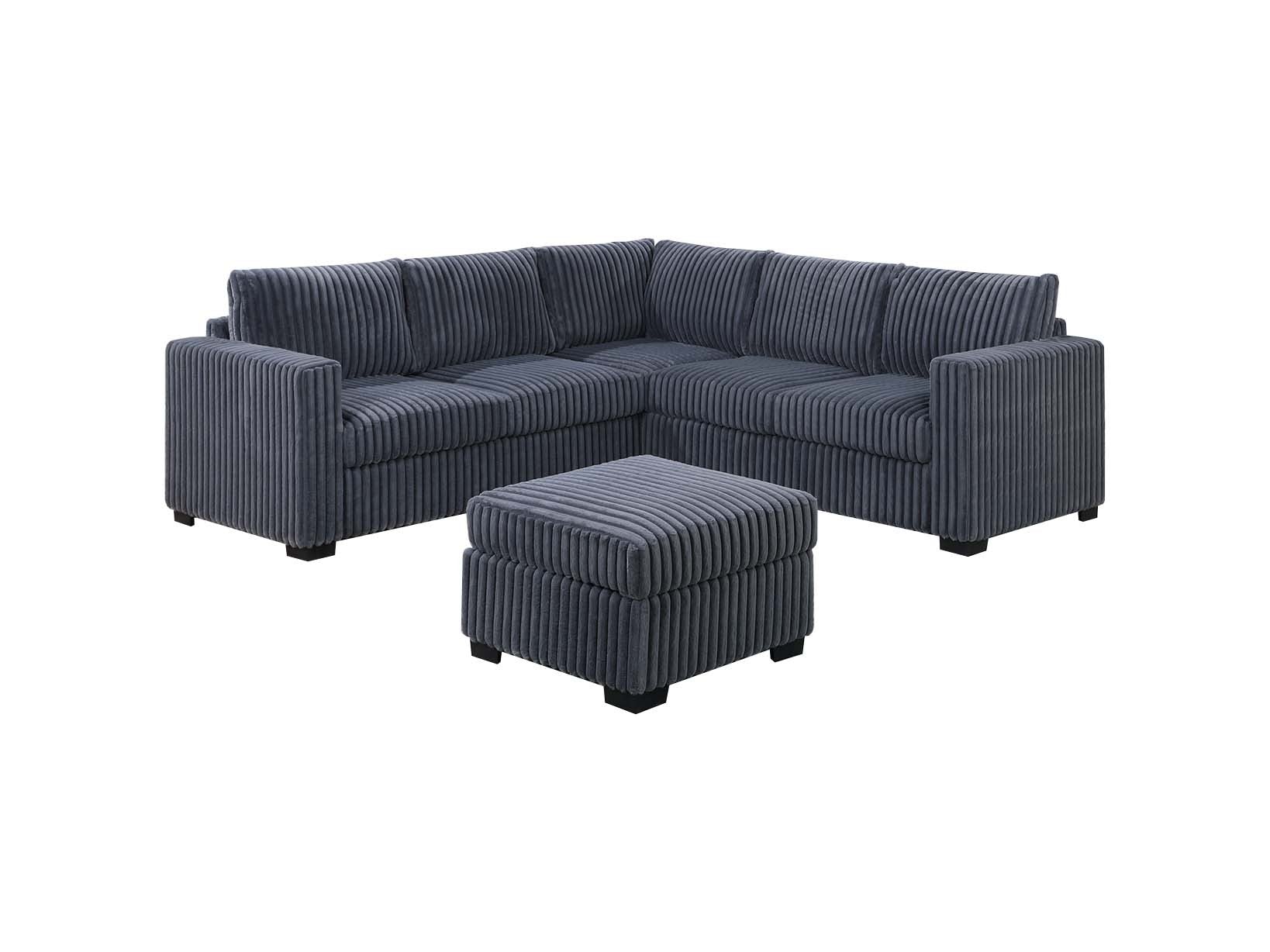 Beautiful 4-Piece Sectional Set W/ Ottoman Dark Gray One Arm Loveseat Corner Wedge Corduroy Upholstered Plush Couch