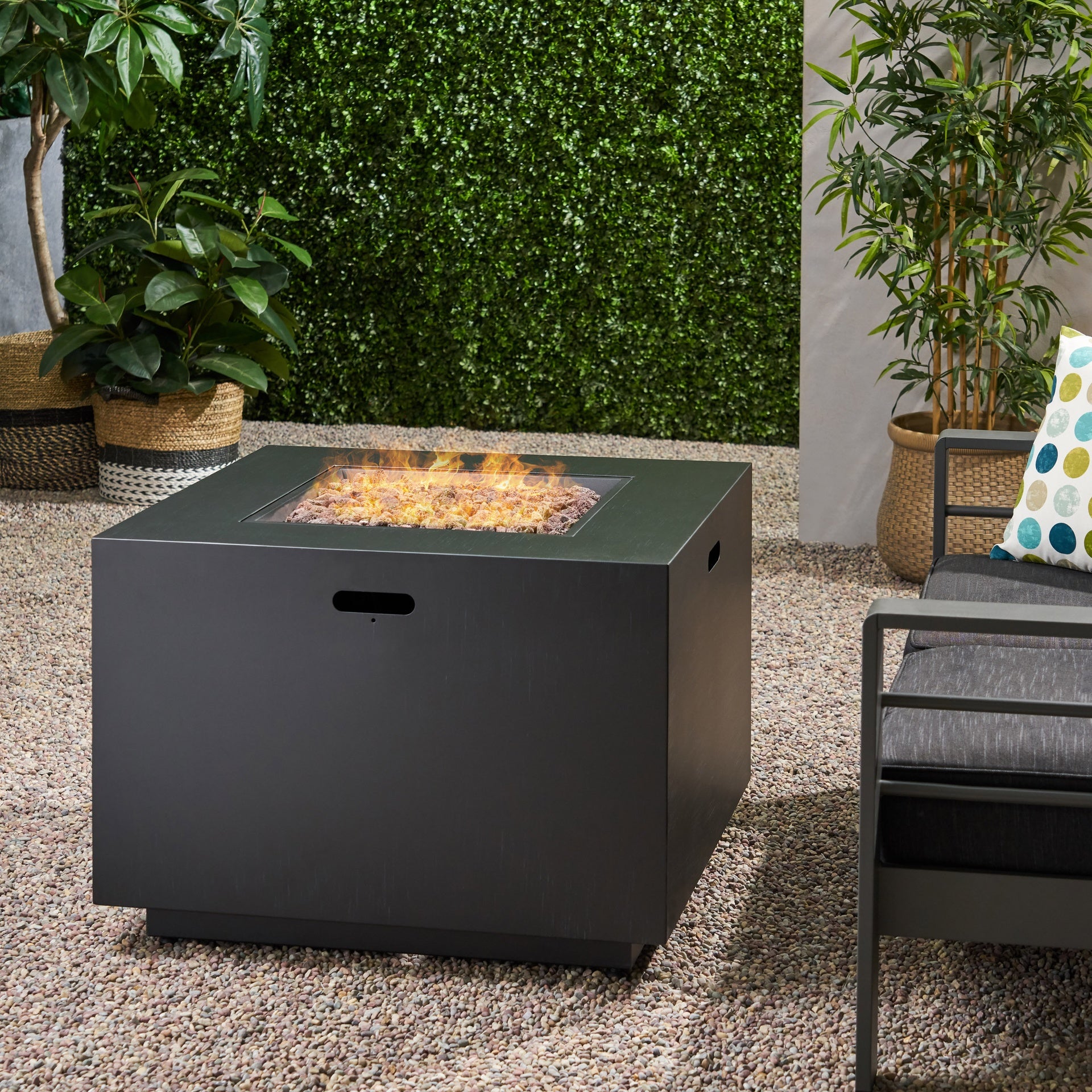 Outdoor Patio Propane Fire Pit 24'' H x 33'' W Square Iron Gas-burning Fire Pit - 50,000 BTU, Tank in side, Dark Grey
